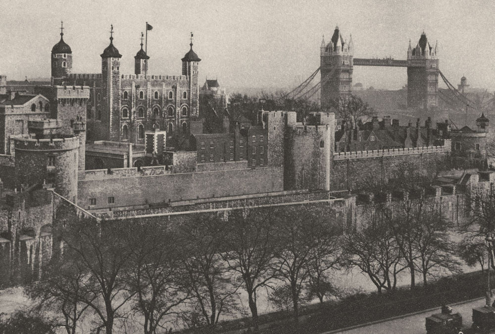 TOWER OF LONDON. Ramparts seen from Tower Hill warehouses. Tower Bridge 1926